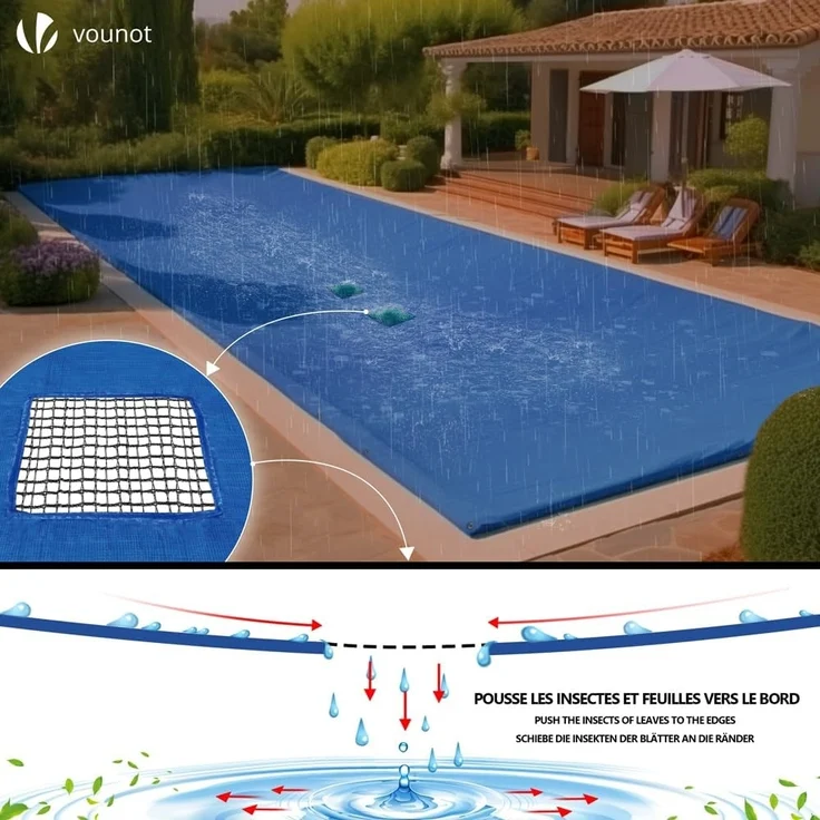 VOUNOT Poolabdeckung rechteckig, Pool Abdeckplane aus Polyethylen 160 g/m² mit Abflussnetz, Doppelte Poolplane Wasserdicht Schimmelresistent Reißfest mit Aluminiumösen 4X9m – Bild 4