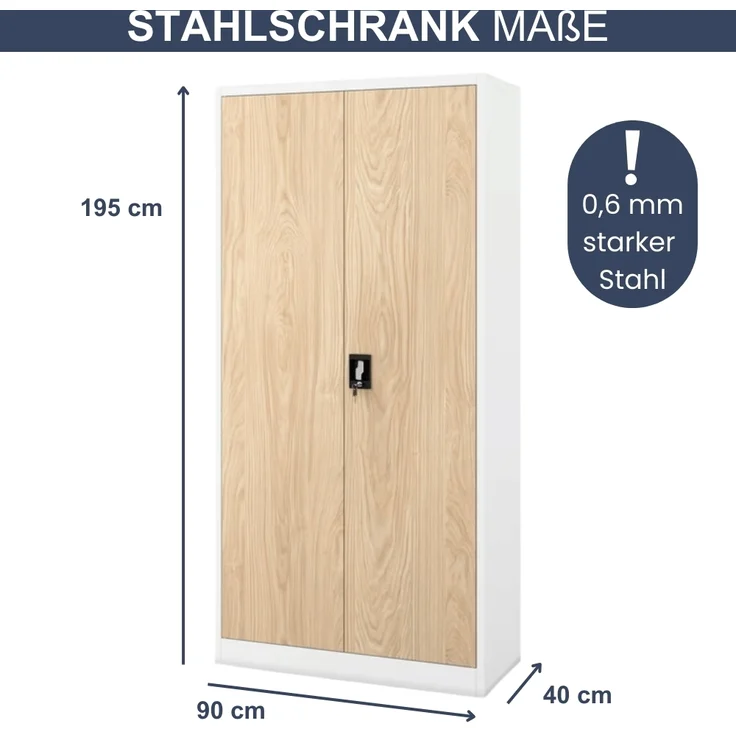 Aktenschrank abschließbar KADO - 5 Ebenen verstellbar, Flügeltüren | Metallschrank Werkstatt Mehrzweckschrank Büroschrank aus Stahl Werkzeugschrank, 195x90x40cm Weiß-Sonoma Eiche – Bild 2