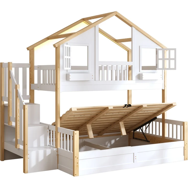 Merax Etagenbett, Kinderbett, 90*200+140*200cm, Holzbett, Hausbett, mit hydraulischem Unterbett, Hochbett mit LED und Stauraumtreppe, weiß+Naturfarbe – Bild 7