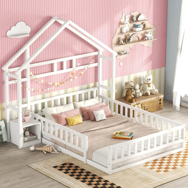 Favsh Bodenbett 140x200 cm Wooden Bed Frame for Kids, Doppelbett Mit Nachttischen&Sicherheitsgitter&Lattenrost&Dach, FüR Jungen & MäDchen, Mit Nachttisch & Dekorative Haushalterung (Weiß)