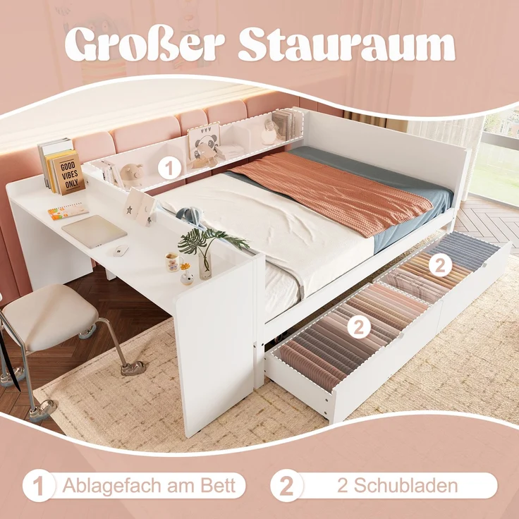 Multifunktionales Holzbett 140×200 cm mit Schreibtisch, Schubladen & Regalen – platzsparendes Doppelbett für modernes Schlafzimmer – Bild 5