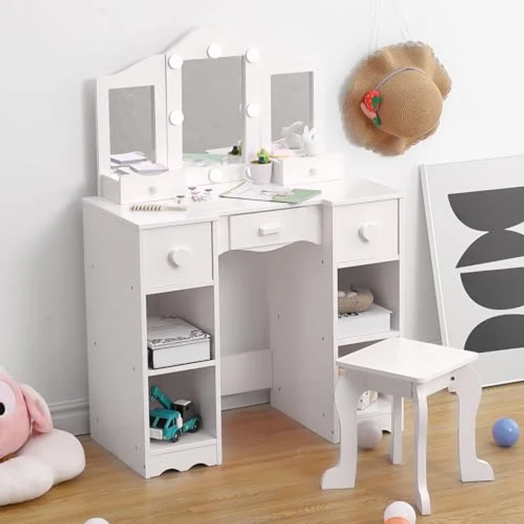 GarveeLife Schminktisch für Kinder, Schminktisch mit Hocker, 3 LED-Spiegel und 5 Schubladen, Schminktisch aus Holz für kleine Mädchen 3 bis 6 Jahre – 70 x 34 x 100 cm, Weiß – Bild 9