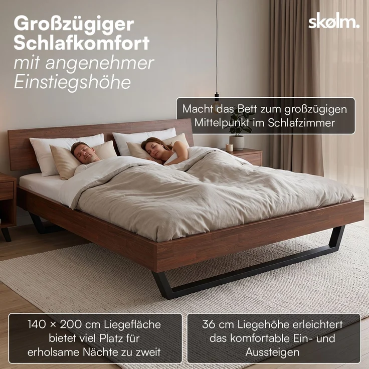 skølm 'Alver' Bett 180x200 cm, Bettgestell, natur geölt, Massivholzbett aus Eiche mit Metallkufen, Walnuss Optik, Bettkopf 1 Strebe – Bild 6