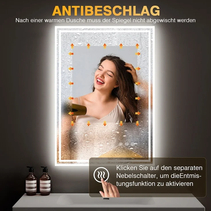 PESENXAN LED Badezimmerspiegel 80x60 cm, rechteckiger Wandspiegel mit Beleuchtung, 3 Lichtfarben, dimmbar, Anti-Beschlag, Touch-Schalter, Memory-Funktion, explosionssicheres Glas, IP44, Weiß – Bild 3