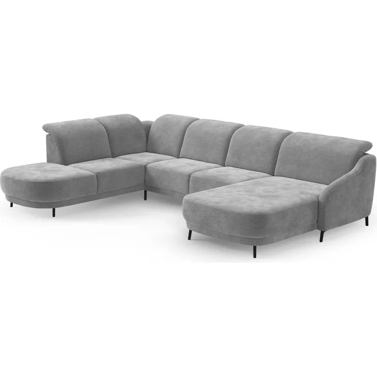 CAVADORE Wohnlandschaft Blue, Sofalandschaft mit Longchair im modernen Design, inkl. kopfteilverstellung, Vorziehsitz motorisch, Klapptisch, USB-Anschluss, mattschwarzen Metallfüßen, Mittelgrau