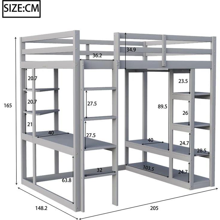 Hochbett 140x200 cm mit Schreibtisch und Stauraum,Kinder- & Jugendbett aus Massivholz,Leiter & Regale,Grau – Bild 4