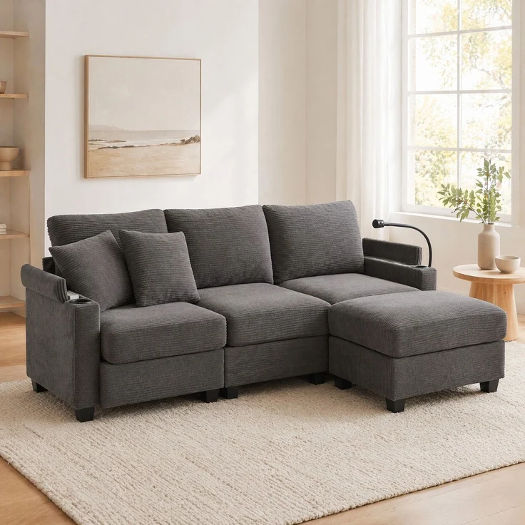 DESVIAE Sofa mit beweglichem Hocker und USB-Ladeanschluss 213,5x87x139 cm Cord Dunkelgrau – Bild 1