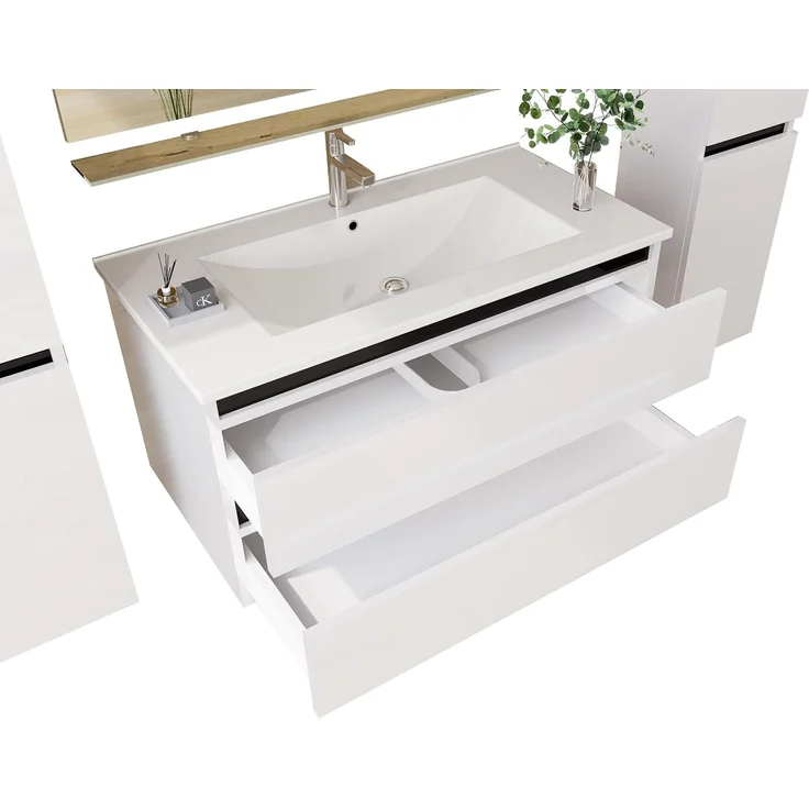 Homeline Badezimmermöbel Set Deniz Kosmetik Hochglanz Spiegelschrank Keramik Weiß LED 90 cm – Bild 2