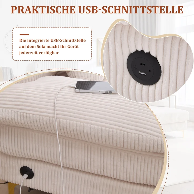 LVHOM U-Form Ecksofa mit Schlaffunktion & LED-Beleuchtung, Wohnzimmersofa mit USB-Anschluss, Cord Stoff Couch Sofa – Bild 9