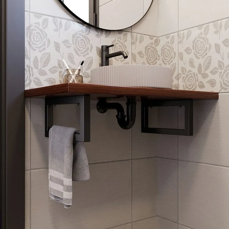 QLS Wandregalhalter aus Stahl pulverbeschichtet Schwarz, Wandhalterung für Waschtischplatte Aufsatzwaschbecken Regalträger