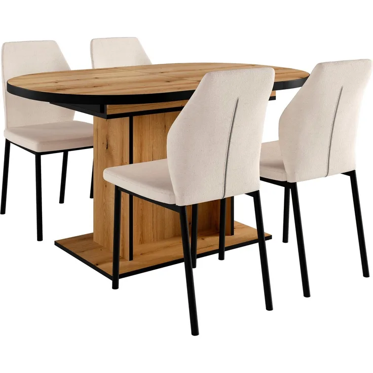 OTTO home Essgruppe Basel, Tischgruppe mit 4 Stühlen, Esstisch ausziehbar 140 - 180 cm, (Set, 5-tlg, Otto's DAUERTIEFPREIS), BESTSELLER, Sitzgruppe, Tisch, Stühle, ovale Tischplatte, Säulentisch
