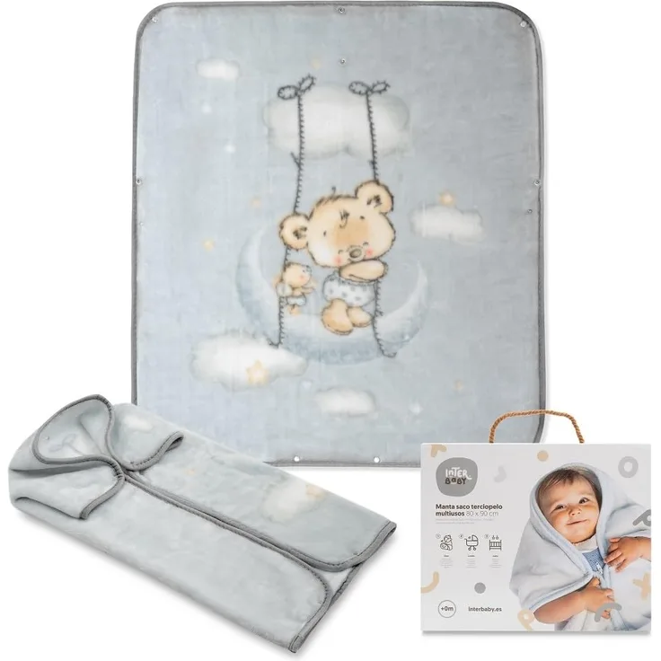 Neugeborenen- Babyschlafsack 3-In-1-Wickeldecke mit Kapuze - "Osito Nube grau" · Kleinkind Warmer Dicker Kinderwagen -Schlafsack Weiche Strickdecke· 80x90 cm · INTERBABY