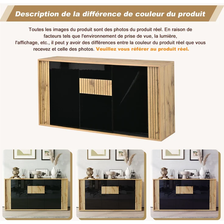 ZUBALIYA Sideboard 140x35x71 cm, mit 3 Türen, aus MDF / Spanplatte, Schwarz / Natur – Bild 10