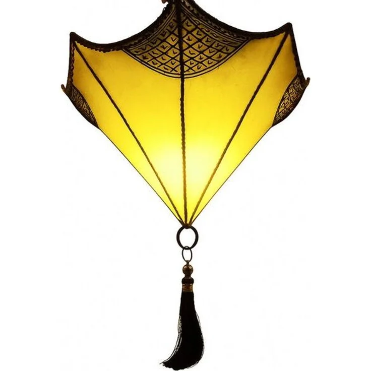 Marrakesch Orient & Mediterran Interior Pendelleuchte Deckenlampe Berfu aus Leder Beige-Gelb 50cm, Mediterrane Lederlampe, ohne Leuchtmittel, Handarbeit – Bild 4