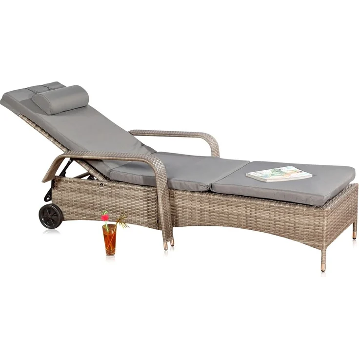 Sonnenliege grau Polyrattan Gartenlounge Liegestuhl Relax Terrasse Sitzgruppe – Bild 1