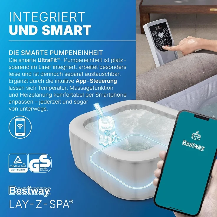 Bestway 6001K LAY-Z-SPA Whirlpool Rome Energiespar AirJet mit App-Steuerung, für 6 Personen, 180 x 180 x 71 cm, Marmor-Optik (Braun) – Bild 7