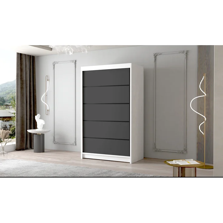 Kleiderschrank Letto IV 100 cm - Modern Schwebetürenschrank, Schiebetürenschrank mit Kleiderstange und Einlegeboden, Schlafzimmerschrank, Schiebetüren - 100x200x58 cm (Weiß/Schwarz) – Bild 2