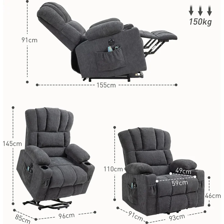 MELAYR, Elektrischer Power Lift Aufsteh-Sessel mit Massage- und Wärmefunktion, 93 x 91 x 110 cm, Dunkelgrau – Bild 5