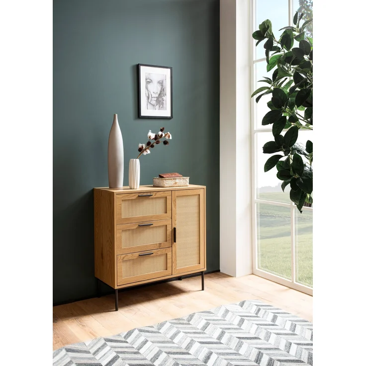 FINEBUY Kommode FB104164 (80 cm Anrichte, Eiche Rattan Stauraum Schublade), Kommode Tür Modern, Hoher Kommodenschrank – Bild 2
