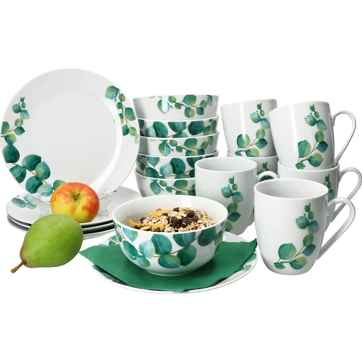 Eukalyptus 18tlg Frühstücksset Porzellan 6 Personen Teller Becher Schale Blatt
