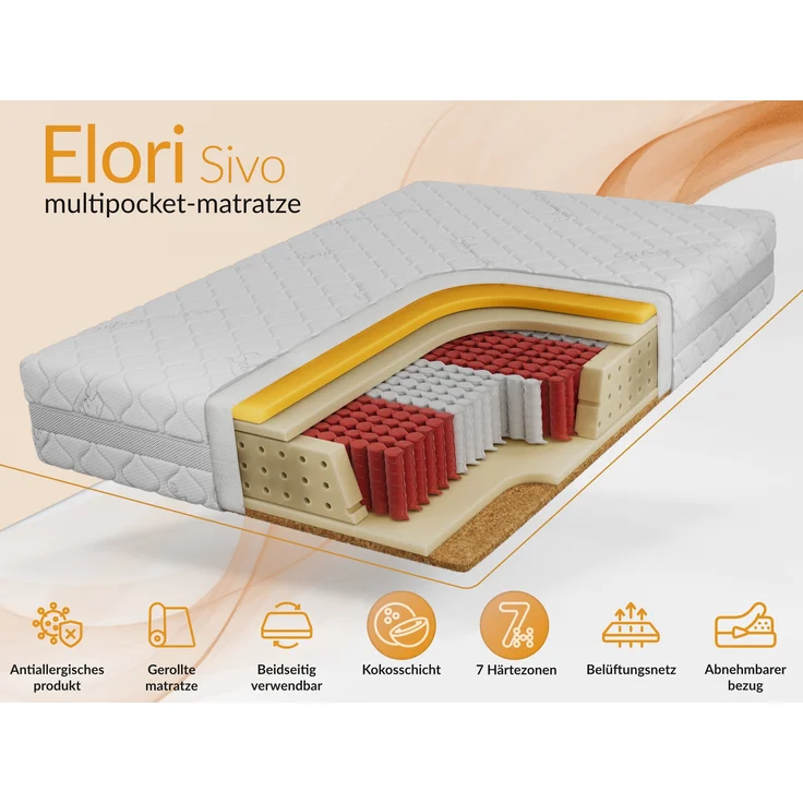 7-Zonen-Multipocketmatratze mit Visco- & Kaltschaum-Schichten – ergonomisch, punktelastisch & atmungsaktiv – Härtegrad H3/H4 – 90 x 200 cm – ELORI - SIVO – Bild 2