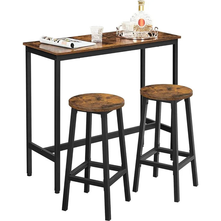 Songmics 'Vasagle' Bartisch-Set mit 2 Barhockern, Industrie-Design, vintagebraun-schwarz
