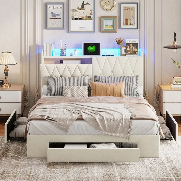 FUROKOY Stauraumbett Polsterbett Doppelbett mit LED-Beleuchtung und 3 Schubladen (Klappbares Gepolstertes Kopfteil mit USB-Ladeanschluss), für Erwachsene und Jugendliche, 160x200 cm, Samt, Beige