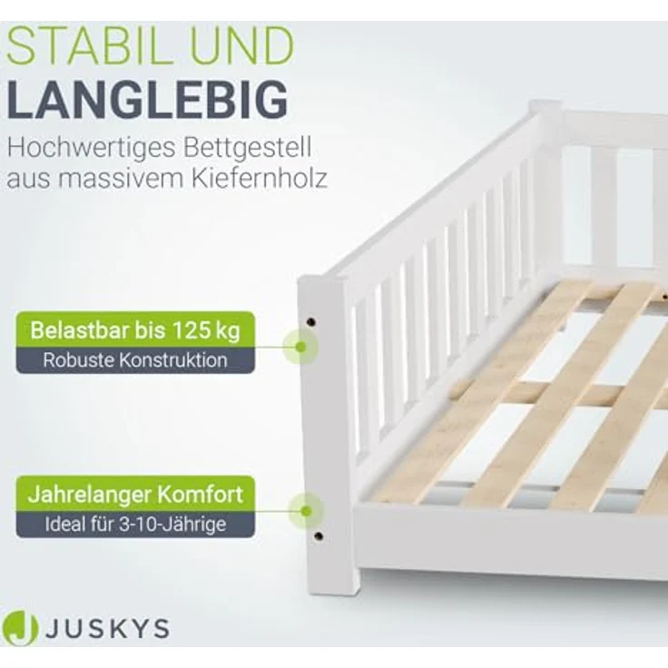 Juskys 'Naya' Kinderbett - mit Rausfallschutz & Lattenrost - Bodenbett für Kinder 3 -10 Jahre - modern, Holz Weiß, 140x200 cm – Bild 5