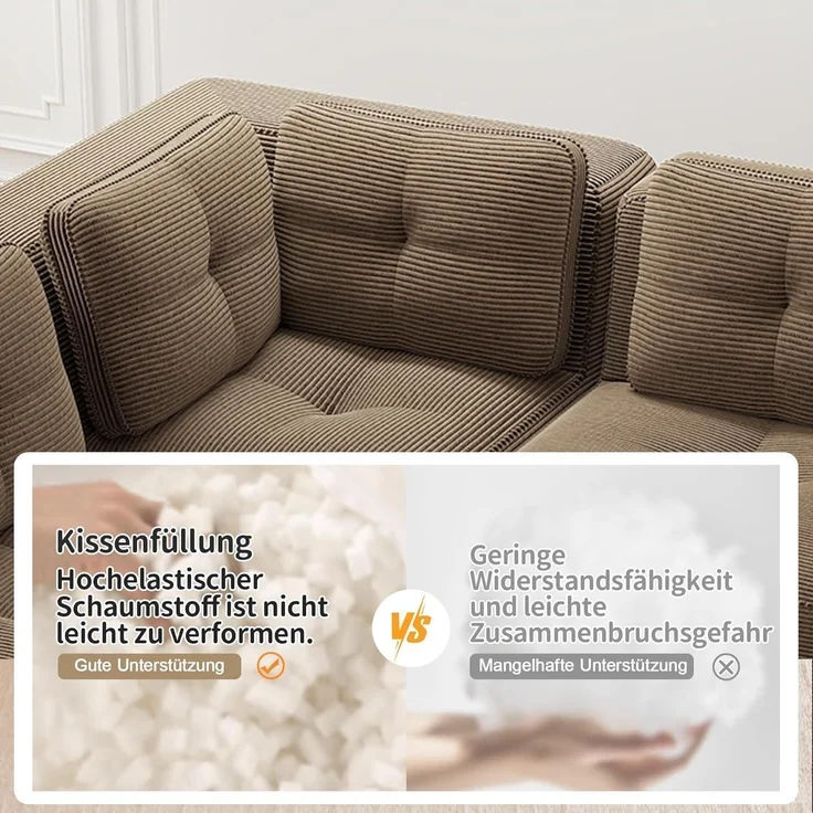 3 Sitzer Sofa Ecksofa Cordstoff Polsterung Armlehnen Braun 3-Sitzer – Bild 8