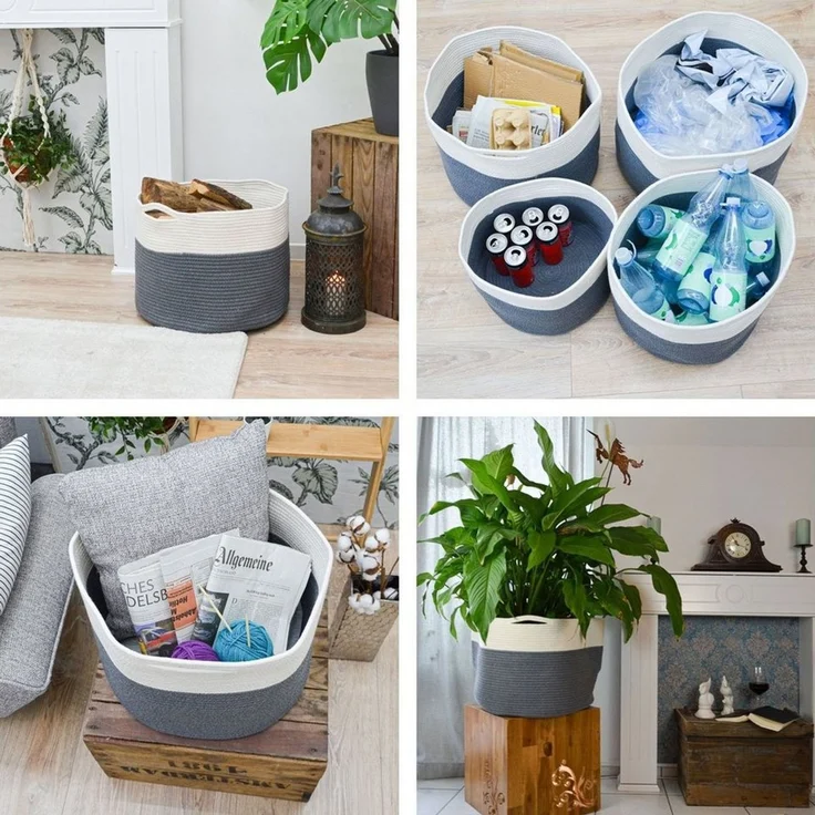 Baumwoll Seilkorb 45L Aufbewahrungskorb Ø43x33 Boho Wäschekorb Grau – Bild 3