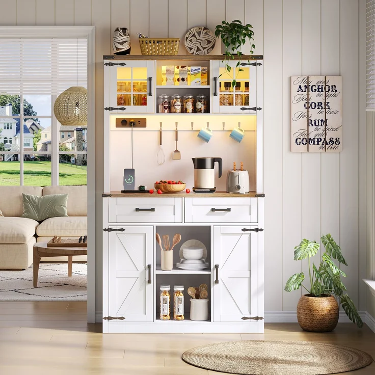 ZUBALIYA Buffetschrank 100x40x172 cm, mit LED-Beleuchtung, mit Steckdosen, mit verstellbaren Einlegeböden, aus MDF, Braun / Weiß – Bild 7
