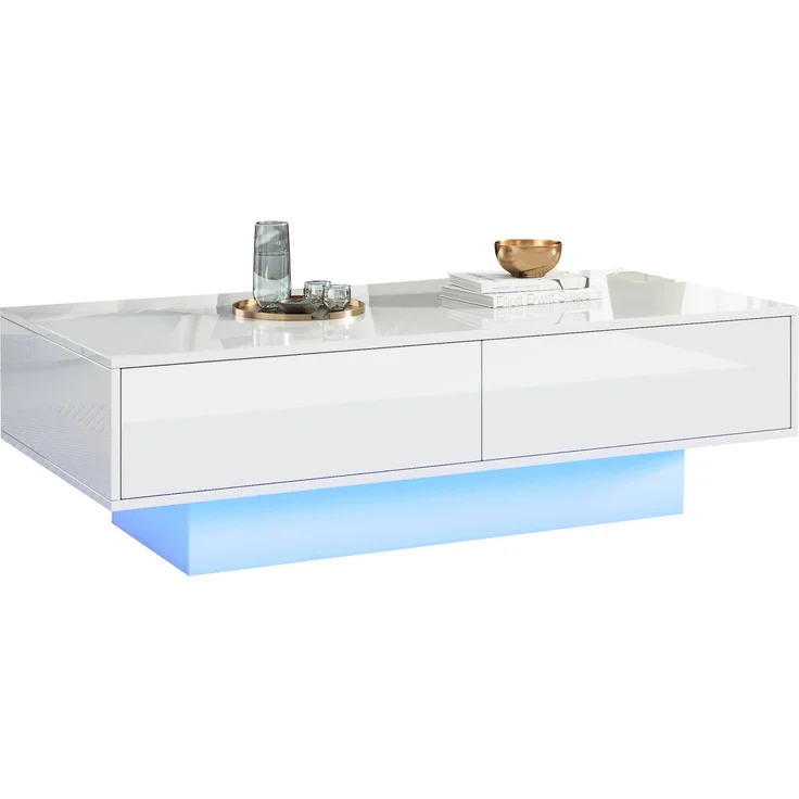 Merax Moderner Hochglanz Couchtisch in Weiß, 115 x 55 x 34 cm, mit 2 Schubladen, LED-Beleuchtung und 30 kg Tragkraft – Eleganter Wohnzimmertisch – Bild 10