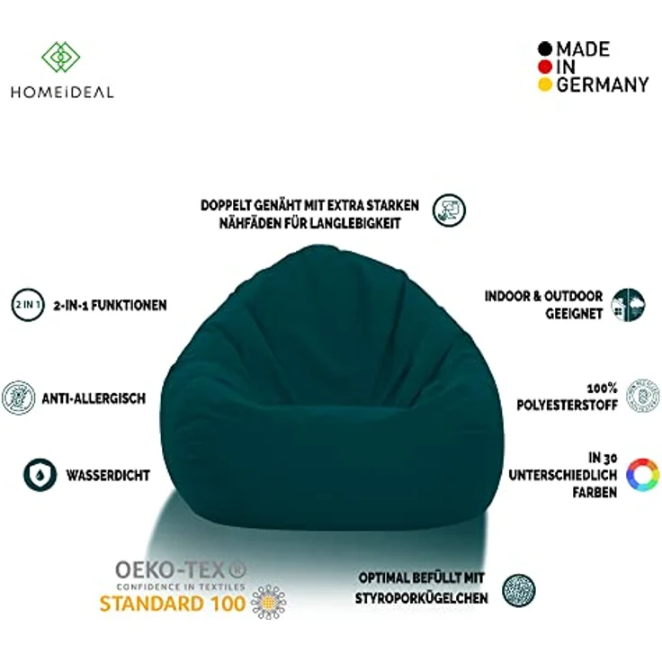 HomeIdeal - Sitzsack XXL Bodenkissen für Erwachsene & Kinder - Geeignet für Gaming oder Entspannen - Indoor wie Outdoor da er Wasserfest ist - mit EPS Perlen, Farbe:Petrol, Größe:XXL – Bild 3