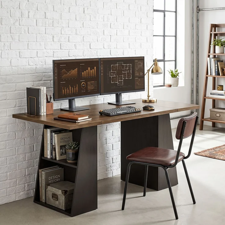 MELAYR, Schreibtisch mit 4 offenen Ablagen, Industrial Design, 140 cm, Braun-Schwarz – Bild 3