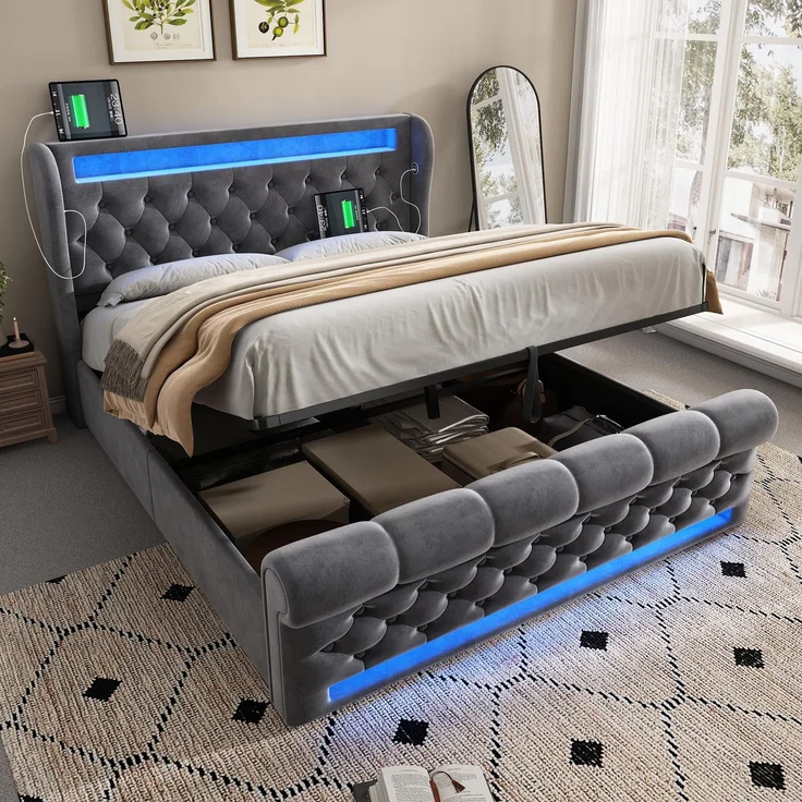 FAVSH Polsterbett 140x190 cm, Doppelbett aus Samt mit LED-Beleuchtung und Stauraum, mit USB-Typ-C-Anschluss am Kopfteil, Hydraulisches Stauraumbett für Jugendliche und Erwachsene, Grau (ohne Matratze)