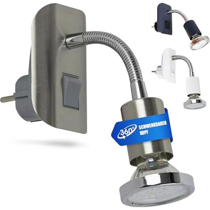 TRANGO LED Steckdosenleuchte, 11-052 Steckerleuchte im Edelstahl-Optik mit Chrom Ring *FLEXI* Steckerlicht, Nachtlicht inkl. je 1x GU10 3000K warmweiß LED Leuchtmittel, ON/OFF Schalter Leselampe, Wandlampe, Küchenlampe – Bild 2