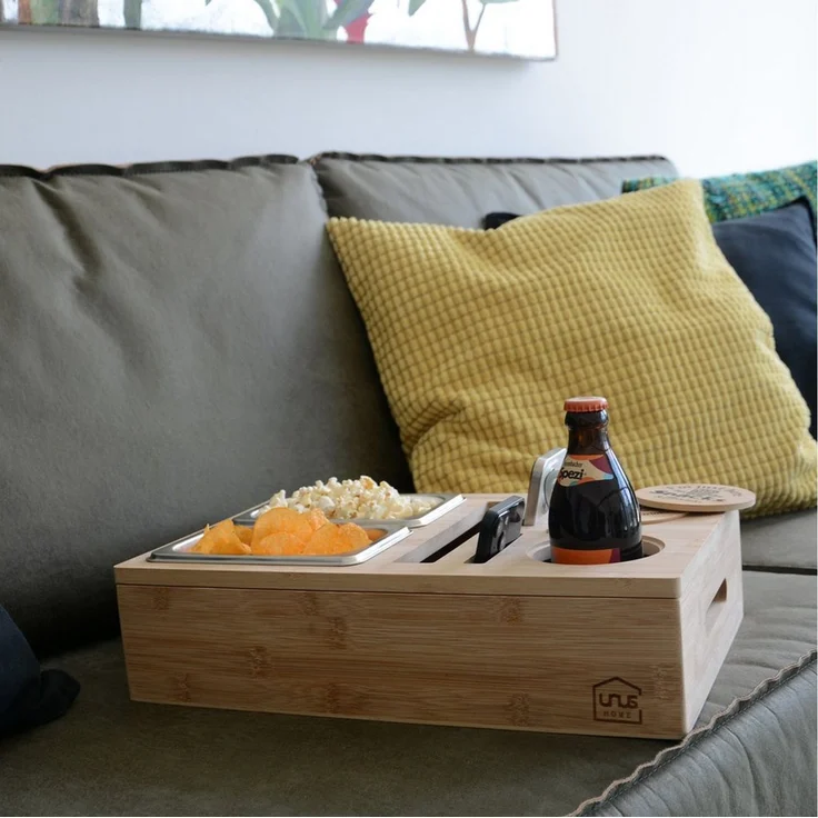 UNUS HOME Tablett Couchbar Sofatablett mit Getränkehalter mit Snackschalen, (Couchbar 40 x 26 x 10 cm(LxBxH) inklusive Flaschenöffner), Bambusholz Snackbox Organizer Sofatablett Getränkehalter Snackschalen – Bild 3