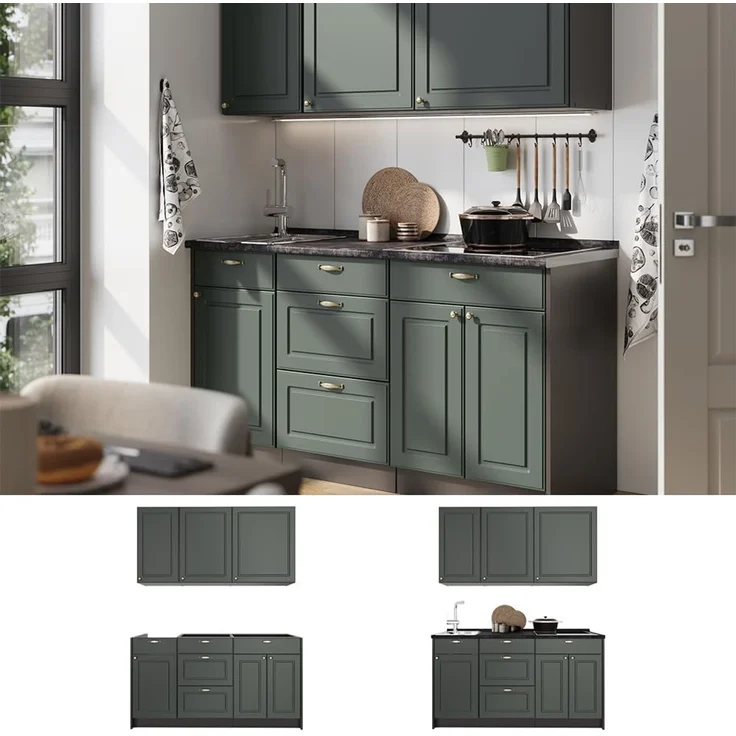 Singleküche Fame-Line Grün-Gold Landhaus/Anthrazit 150 cm ohne Arbeitsplatte Vicco – Bild 6