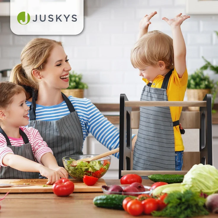 Juskys 'Henny' Lernturm - für Kinder ab 1 Jahr, Stehhilfe, 3-fach höhenverstellbar, Umkippschutz, Küchenhelfer, Schwarz – Bild 7