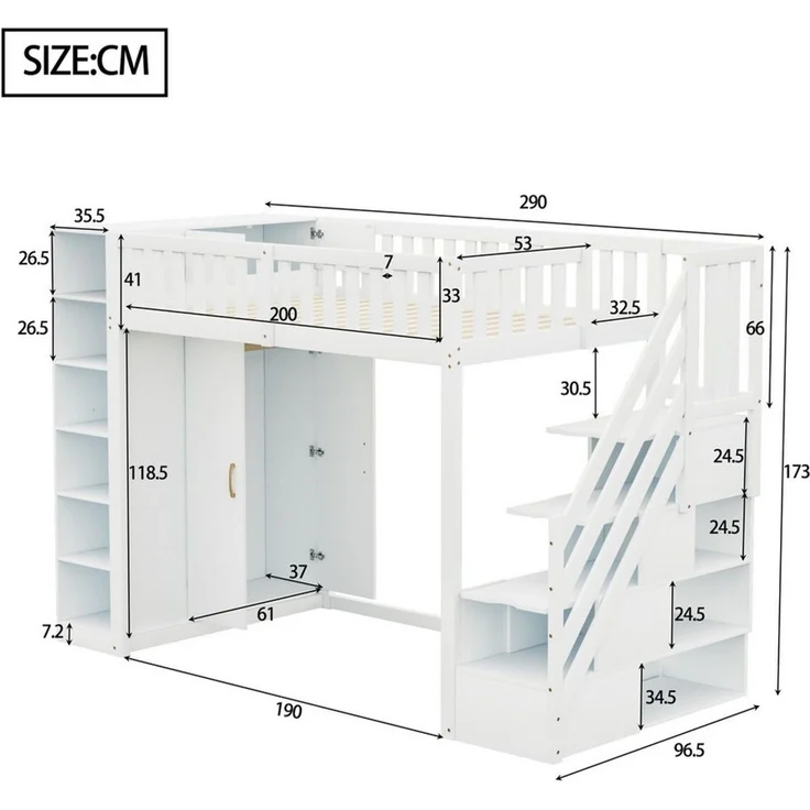 Odikalo Kinderbett Hochbett Jugendbett 90x200 mit Stauraum (Multifunktionales Hochbett 90x200 cm mit Regalen, Stauschrank und großem Kleiderschrank, Sicherheitsleiter mit Ablagefächern, Grau + Rohholzfarben) – Bild 3