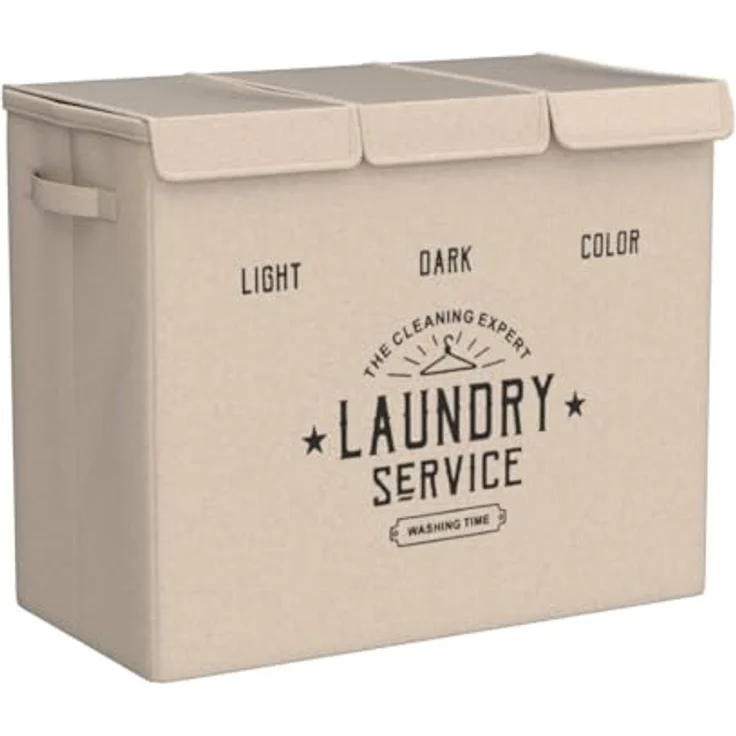 DuneDesign Wäschekorb 84 Liter, faltbar mit Deckel und 3 Fächern in Beige, wasserabweisend und stabil – Bild 4