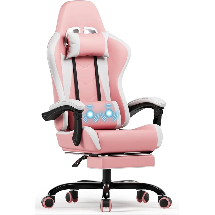 Devoko Massage Gaming Stuhl, Computer Bürostuhl mit Fußstütze, Racing Gamer Stuhl 150kg Belastbarkeit, 90-135° Rückenlehne einstellbar Ergonomischer PC Stuhl, 360° drehbar, Rosa