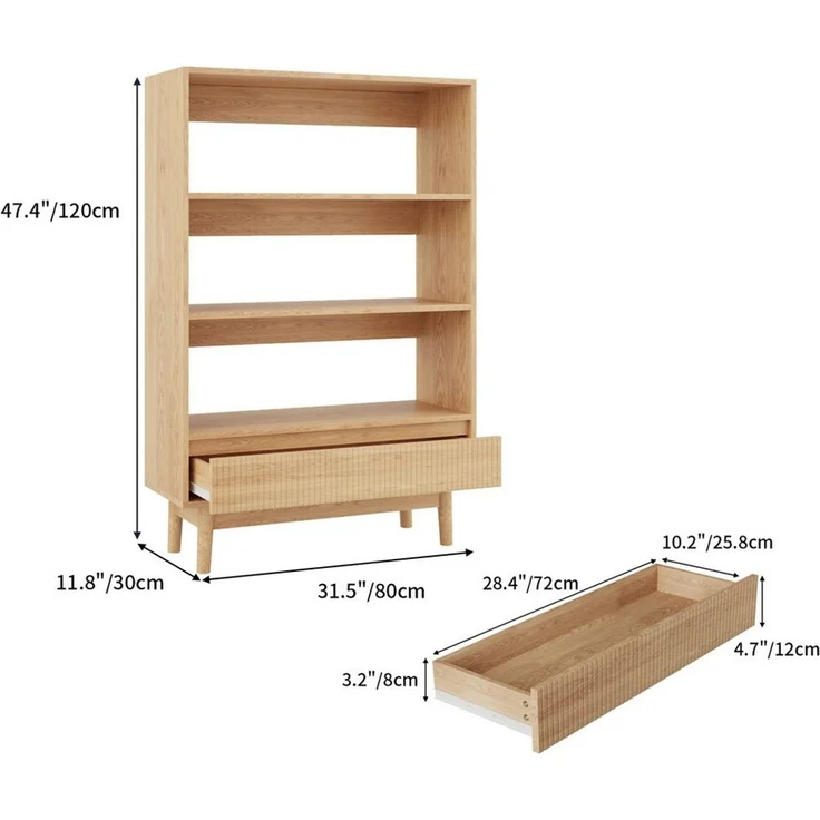 VOWNER Bücherregal mit Schublade, offenes Standregal, modernes Holzregal, 3-tlg, vielseitiges Aufbewahrungsregal, 3 Ebenen, Maße 240x120x30 cm – Bild 2