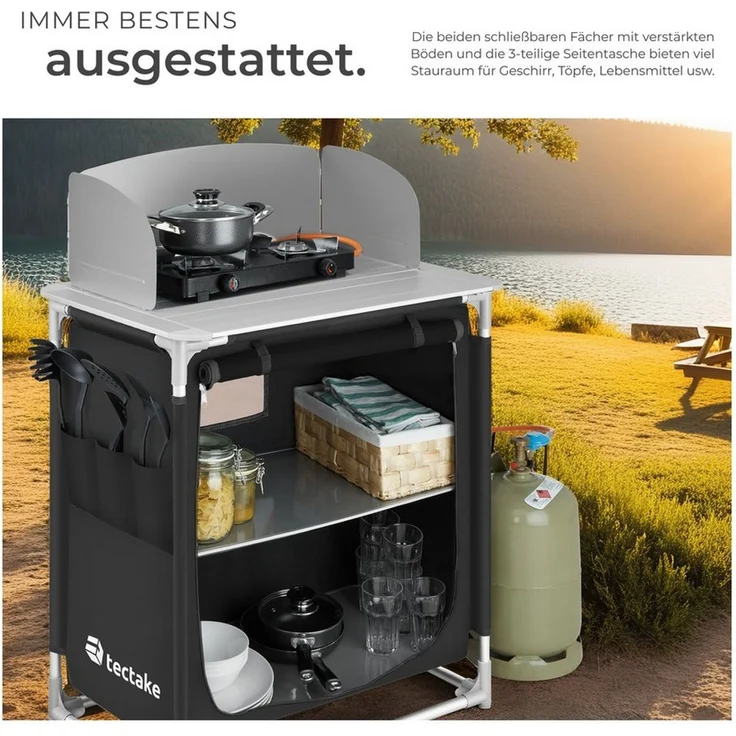 tectake Campingtisch Campingküche Premium mit Aluminiumgestell und 2 Fächern (1-St), faltbar – Bild 3