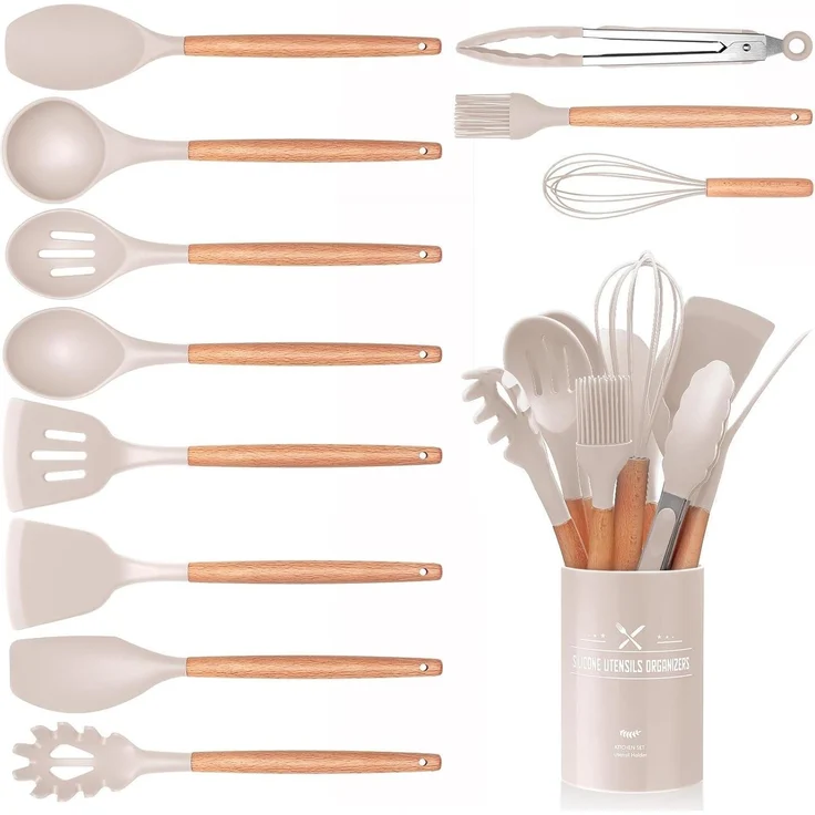 12-teiliges Silikon Küchenhelfer Set Holzgriff Antihaft Utensilienhalter Khaki – Bild 1