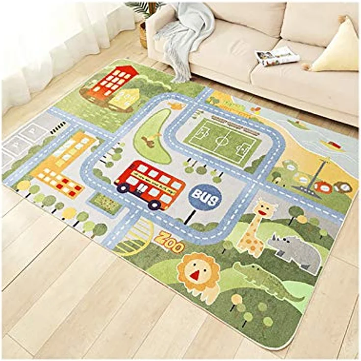 TYKTZXY Kinderteppich Spielen Teppich Straße Auto Tier Universum Blau Grün Grau(160×230cm,62×91inch) – Bild 2
