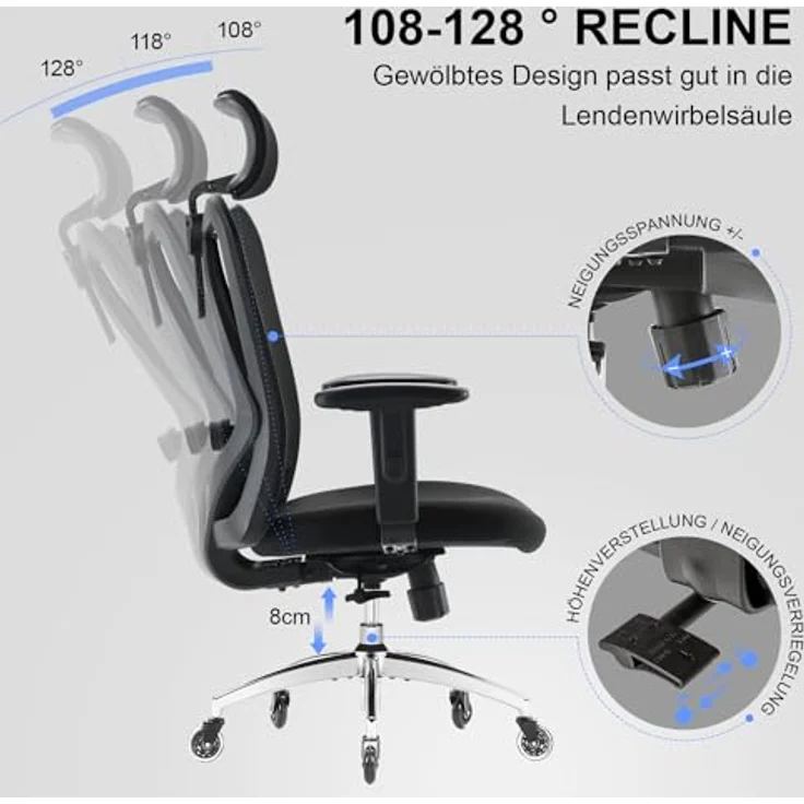 SIHOO Ergonomischer Schreibtischstuhl, Drehstuhl hat Verstellbarer Lordosenstütze, Kopfstütze und Armlehne, Höhenverstellung und Wippfunktion, Rückenschonend, Bürostuhl bis 150kg/330LB Belastbar – Bild 11