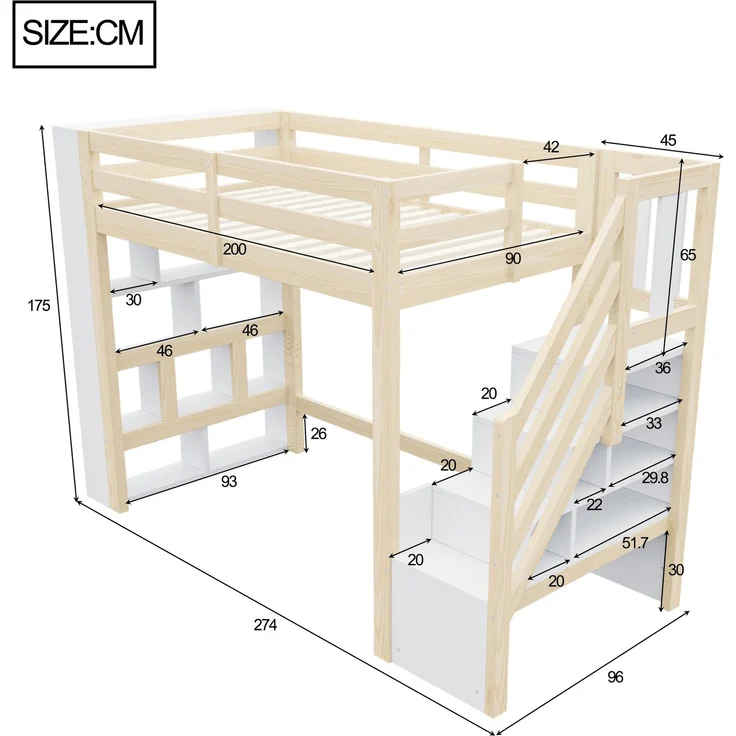 Bett als Hochbett 90x200 cm aus Kiefernholz und MDF mit Stauraum und LED, ohne Matratze – Bild 5