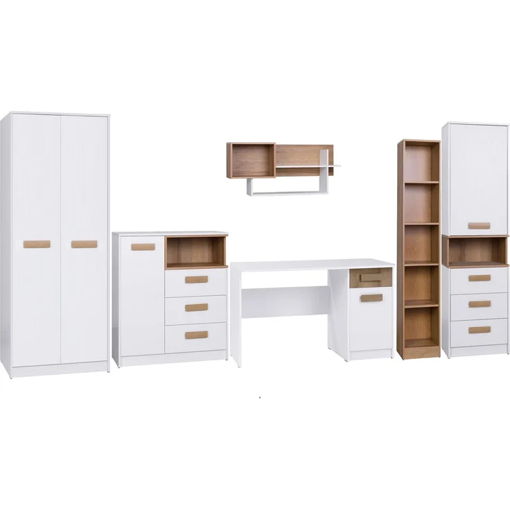 Marmex Möbel Grant Set-O Jugendzimmer Komplett-Set 6-teilig mit Kleiderschrank, Kommode, Schreibtisch, geschlossenes Regal, Wandregal, offenes Regal, Kinderzimmermöbel mit Schreibtisch, laminierte Spanplatte, Kleiderstange, weiß+riviera Eiche, 485x195x... – Bild 8