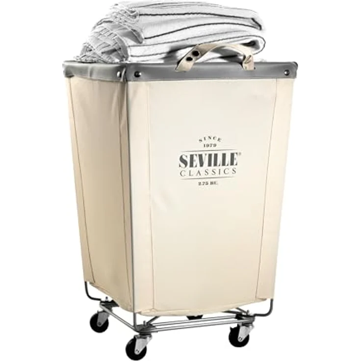 Seville Classics Großer kommerzieller robuster Wäschesammler mit Rollrahmen aus Segeltuch mit Rädern für Hotel, Zuhause, Schrank, Schlafzimmer (patentiert), cremefarben, 46 cm D x 46 cm B – Bild 4
